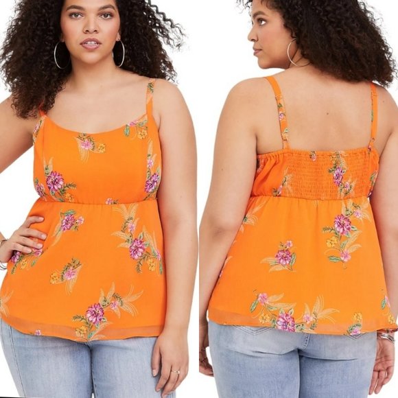 torrid Tops - Torrid Plus Size Golden Orange Floral Chiffon Babydoll Cami